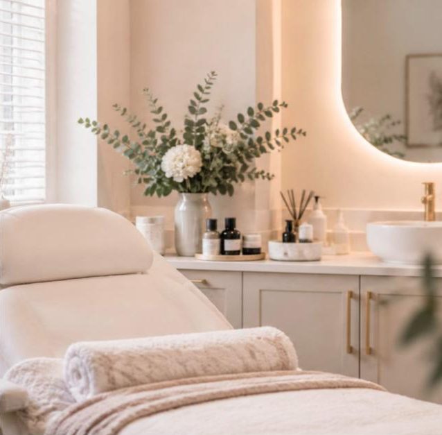 Warm, welcoming private treatment room with a treatment couch and fresh flowers